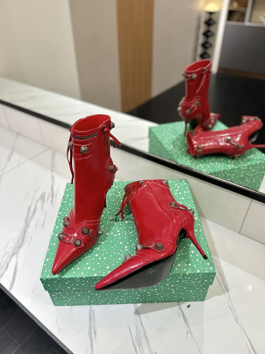 BALENCIAGA Booties Calfskin Leather Red-Silver D90202609111417 - Image 5