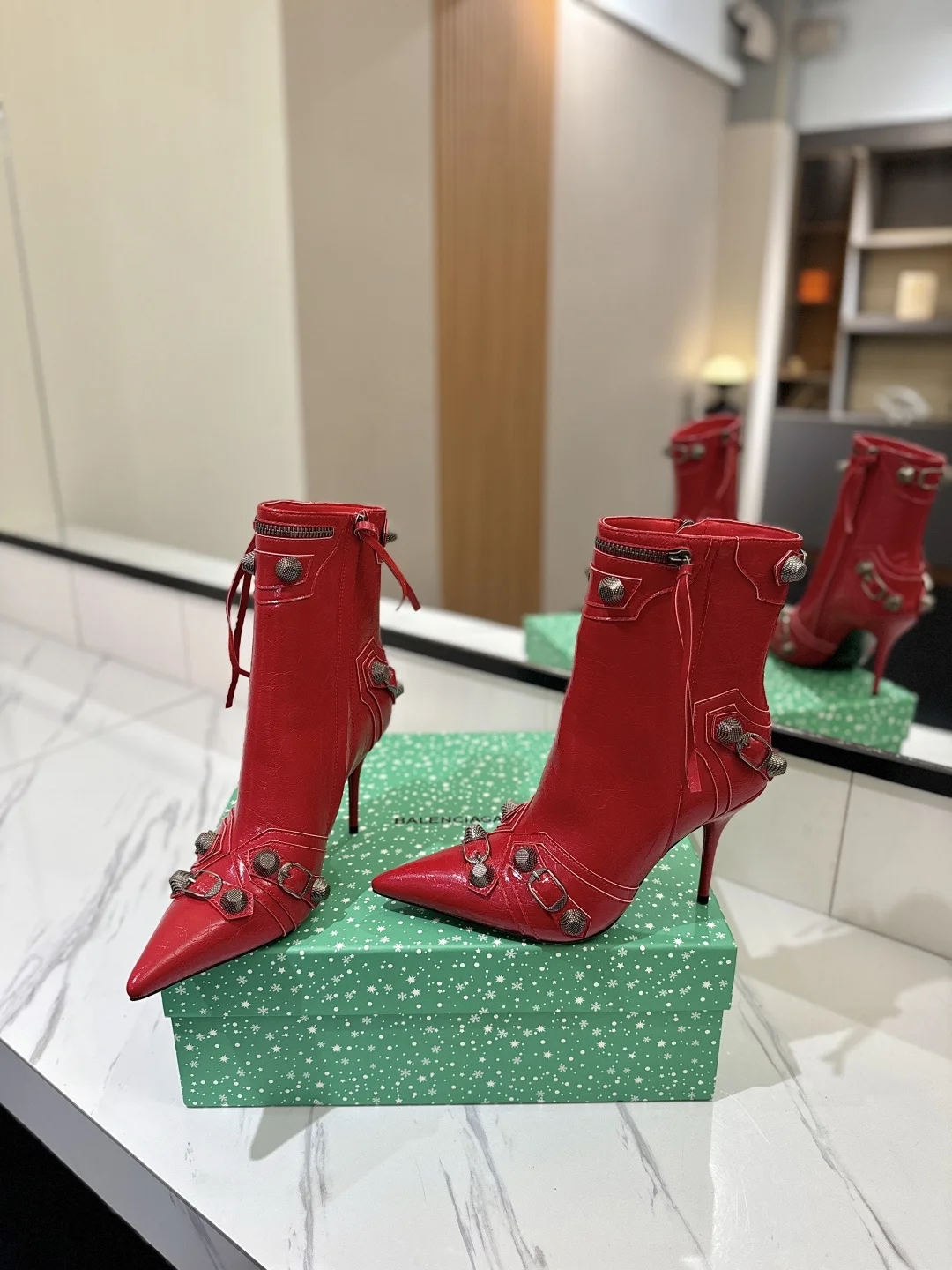 BALENCIAGA Booties Calfskin Leather Red-Silver D90202609111417 - Image 6