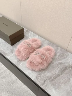 BALENCIAGA Slippers Faux Fox Fur Pink-Silver EU35-40 B20202609111385