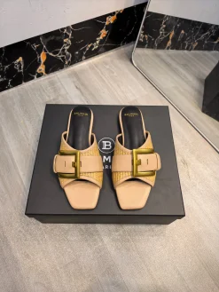 BALMAIN Slides Calf Leather Beige-Gold EU36-42 C00202609110177