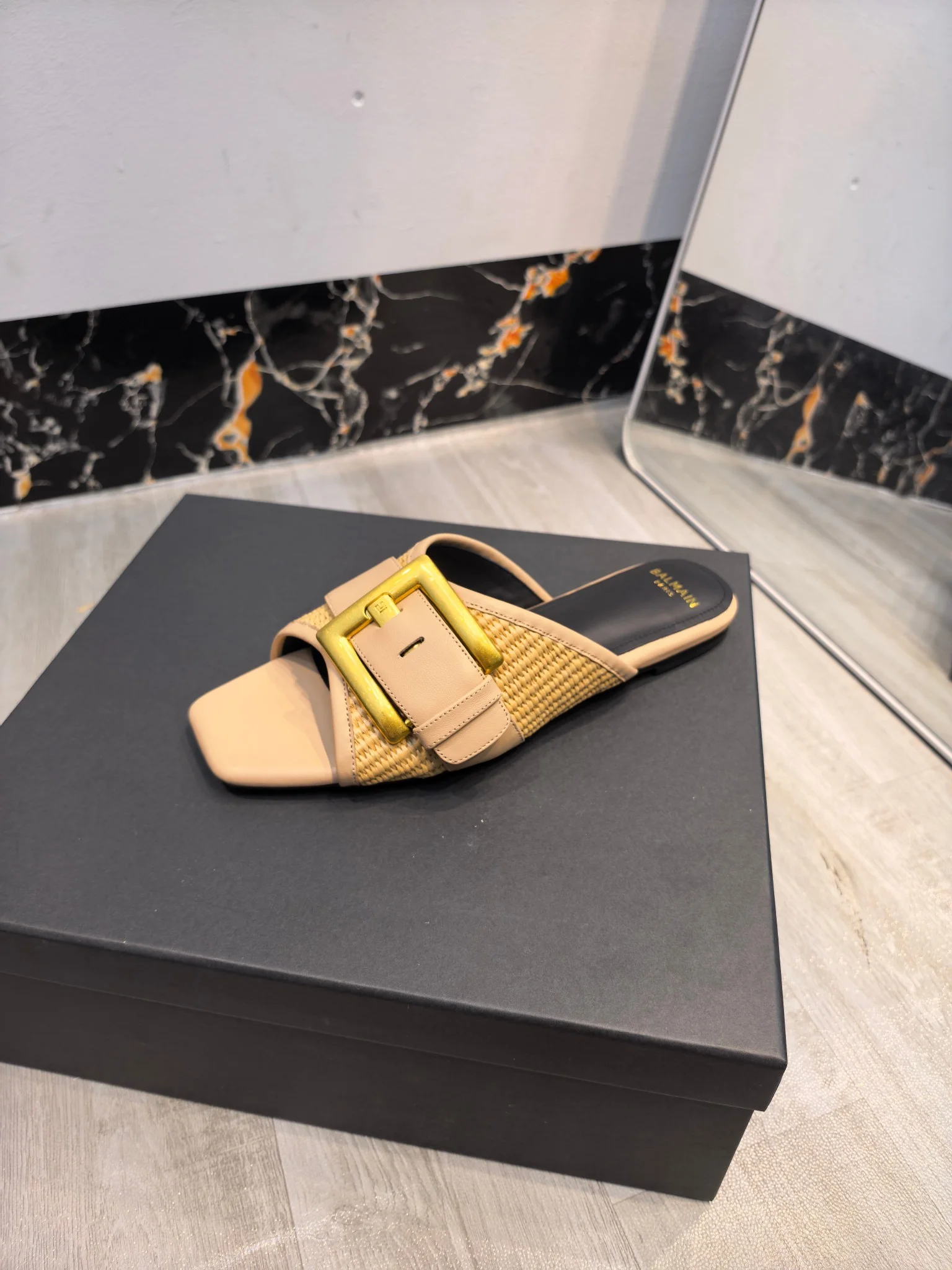 BALMAIN Slides Calf Leather Beige-Gold EU36-42 C00202609110177 - Image 8