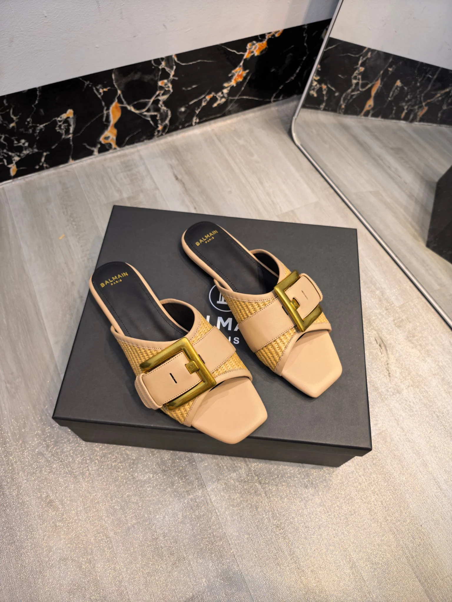 BALMAIN Slides Calf Leather Beige-Gold EU36-42 C00202609110177 - Image 9