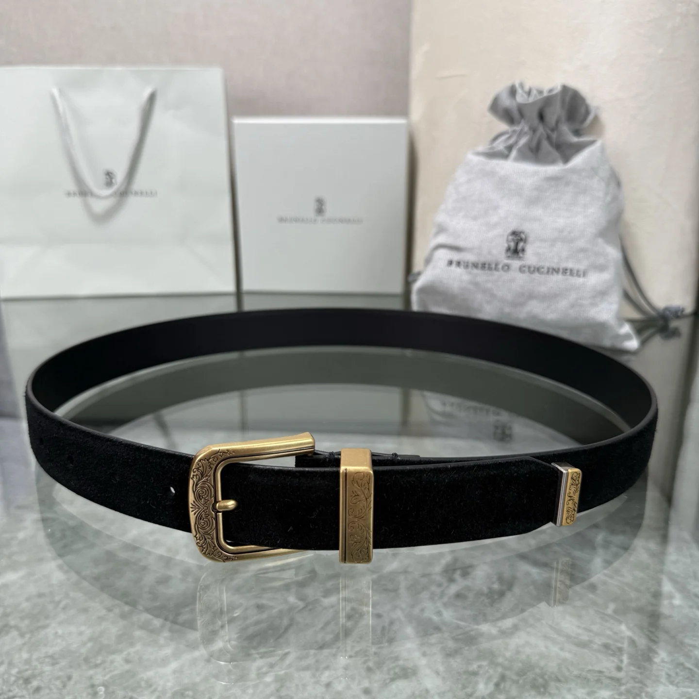 Alternative view of BRUNELLO CUCINELLI Belts Suede Leather Black-Gold A80202609070576