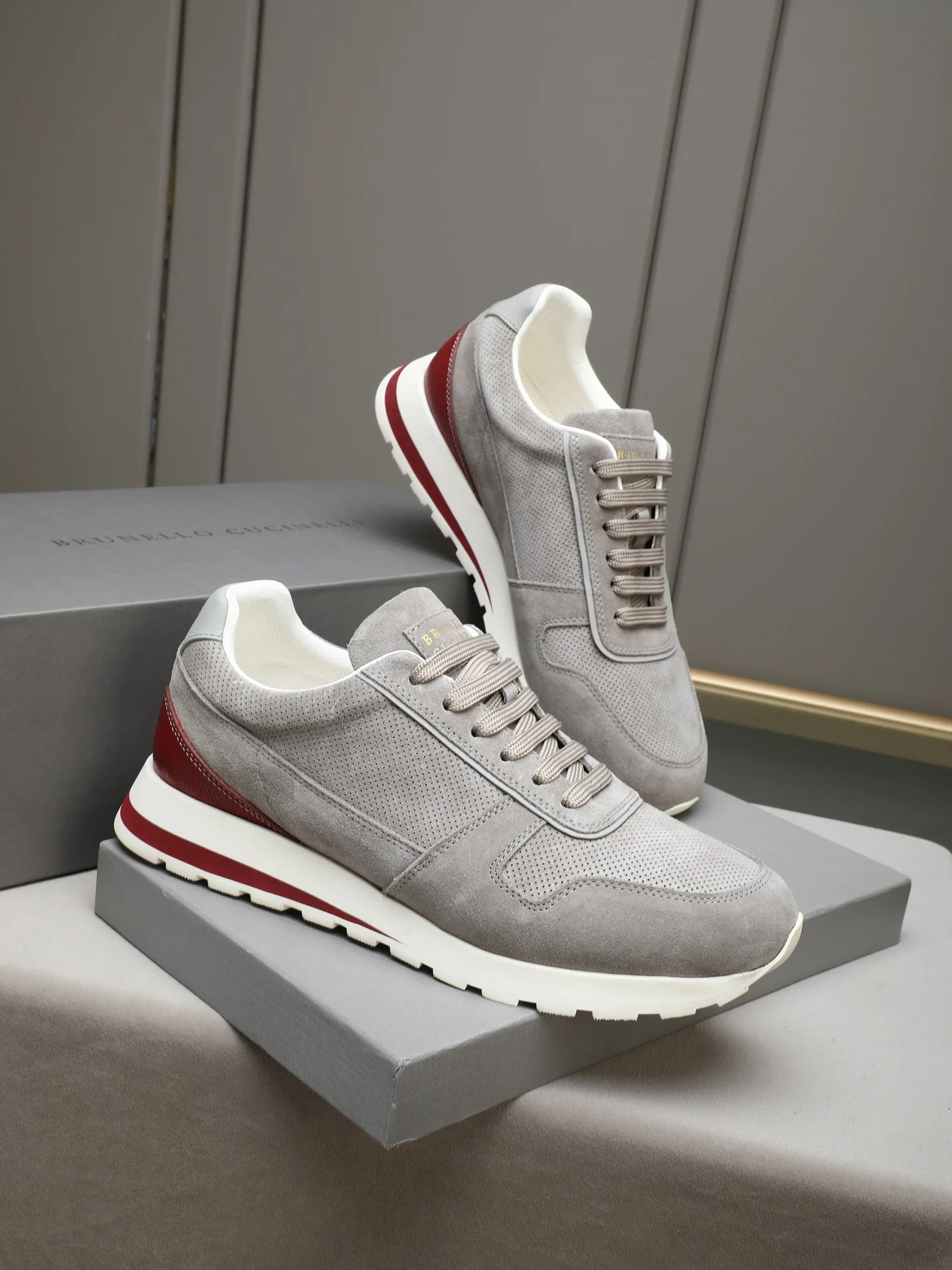 BRUNELLO CUCINELLI Sneakers Calf Leather Gray-Burgundy EU38-44 C20202609110713 - Image 4