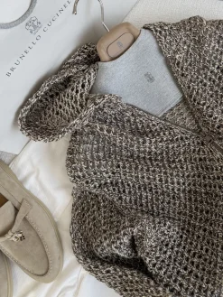 Alternative view of BRUNELLO CUCINELLI Sweaters Metallic Knit Brown-White S-L C25202609061549