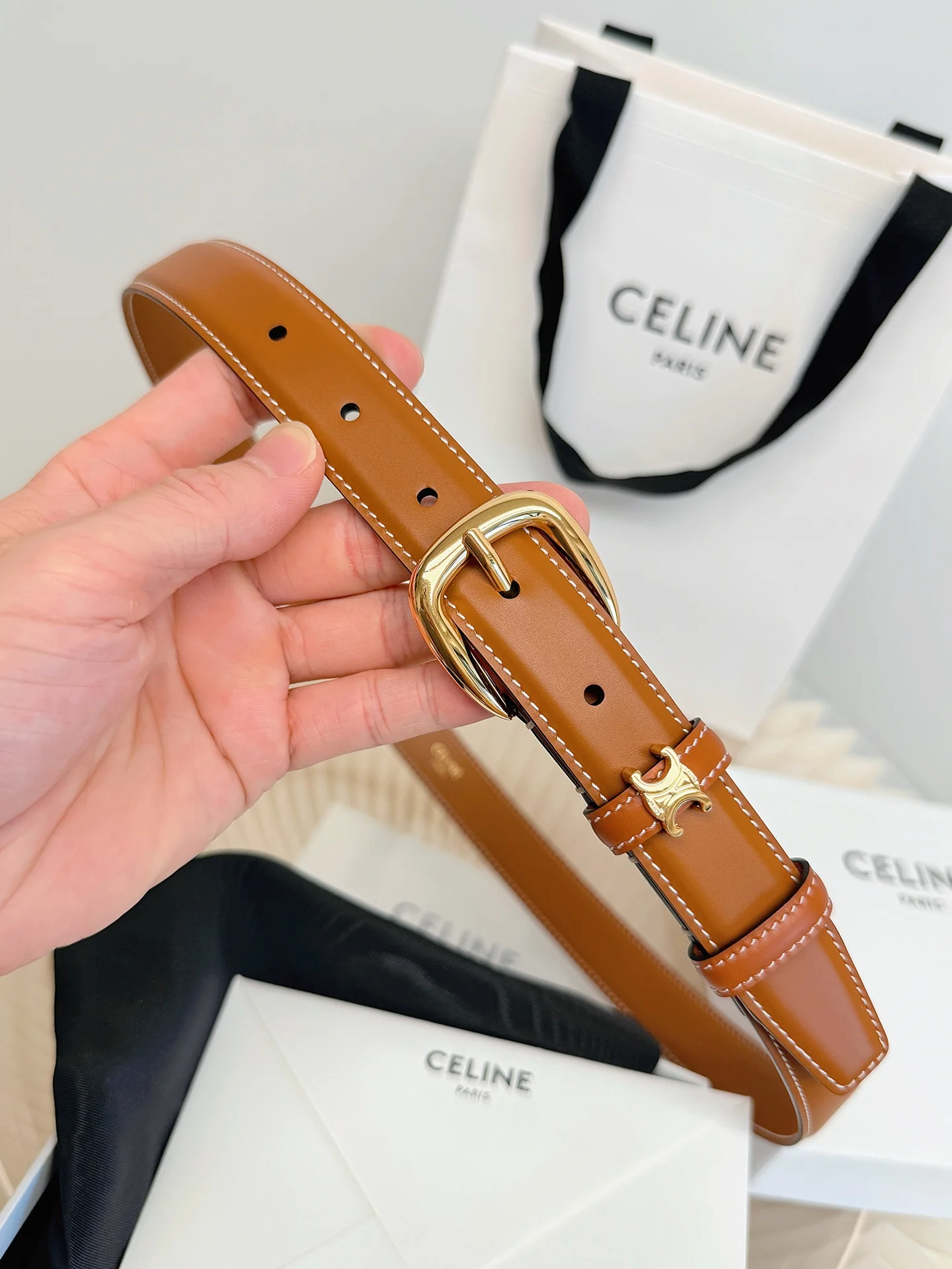 CELINE Belts Brown-Gold 1cm Width A60202609070058