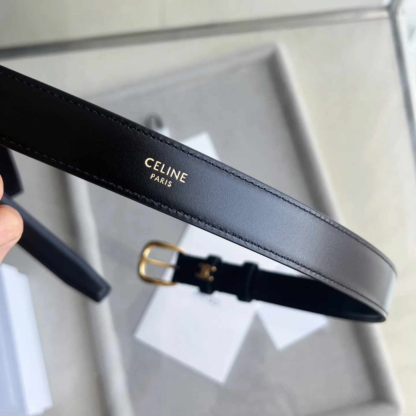 CELINE Belts Calf Leather Black-Gold 1cm Width A60202609070243 - Image 11