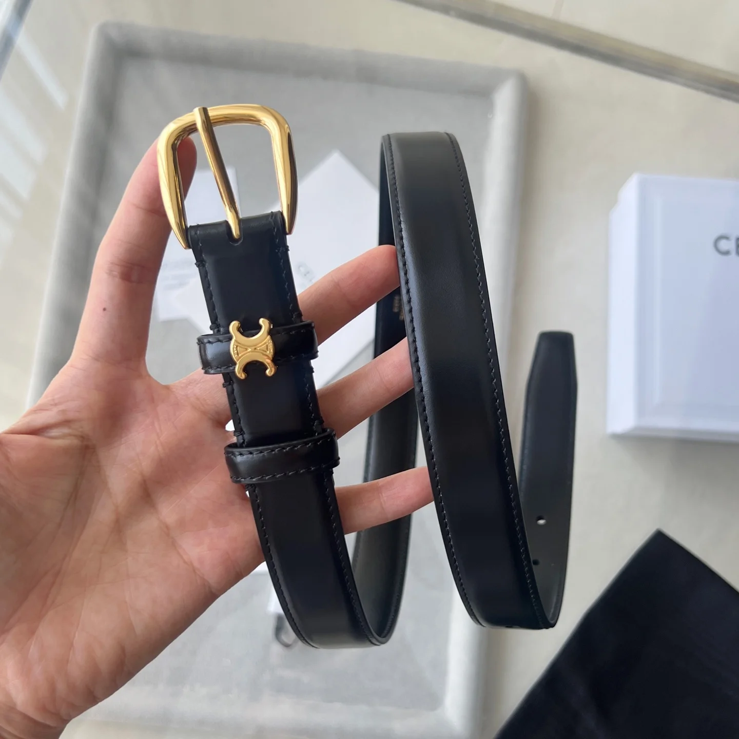 CELINE Belts Calf Leather Black-Gold 1cm Width A60202609070243 - Image 12