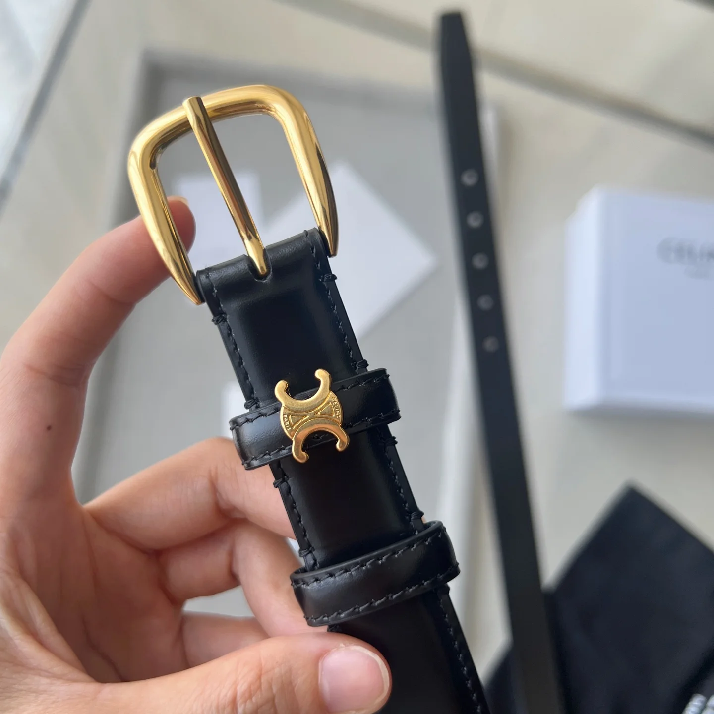 CELINE Belts Calf Leather Black-Gold 1cm Width A60202609070243 - Image 3