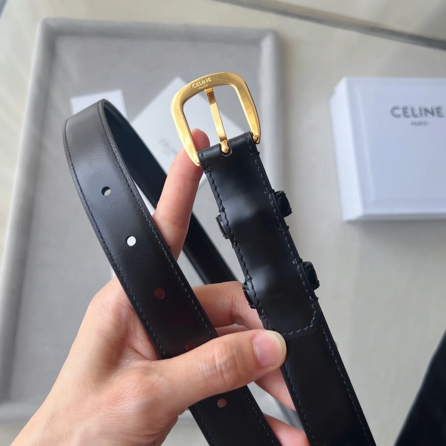 CELINE Belts Calf Leather Black-Gold 1cm Width A60202609070243 - Image 4