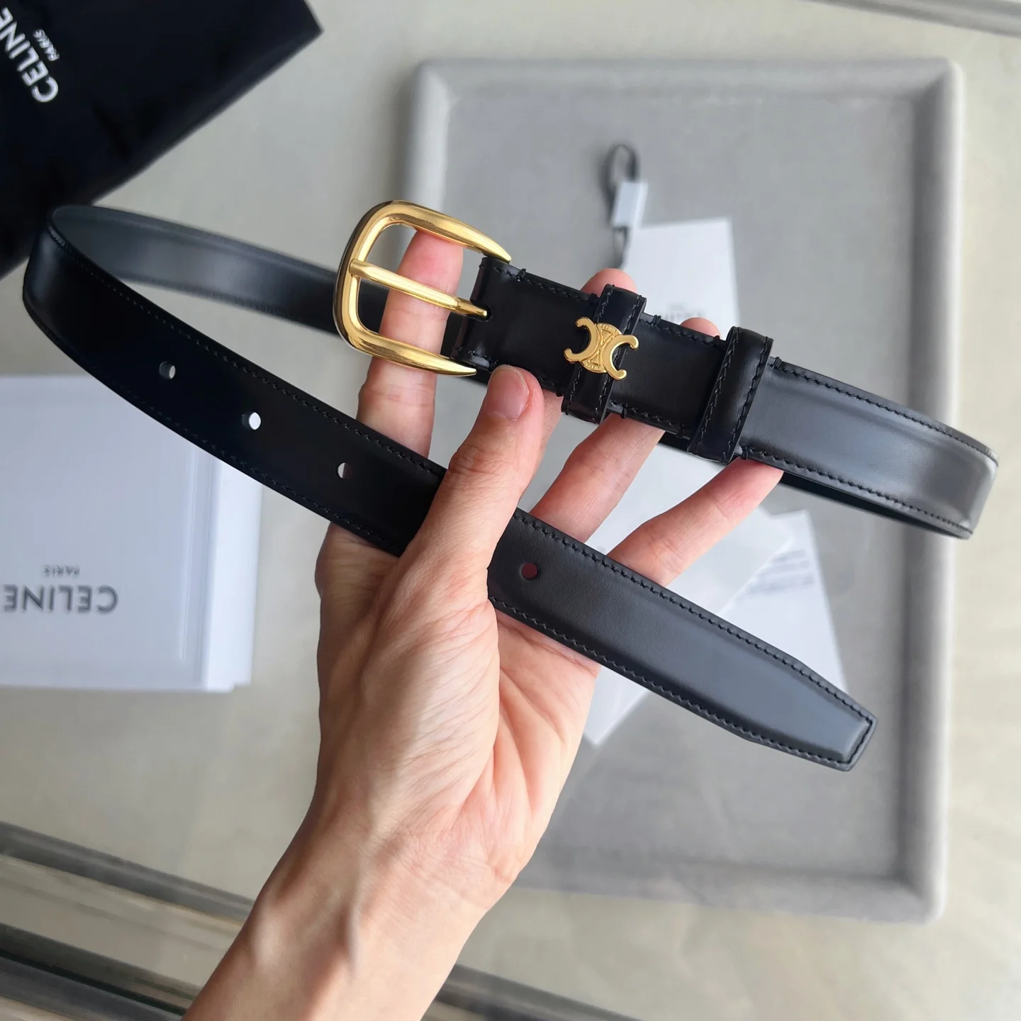 CELINE Belts Calf Leather Black-Gold 1cm Width A60202609070243 - Image 6