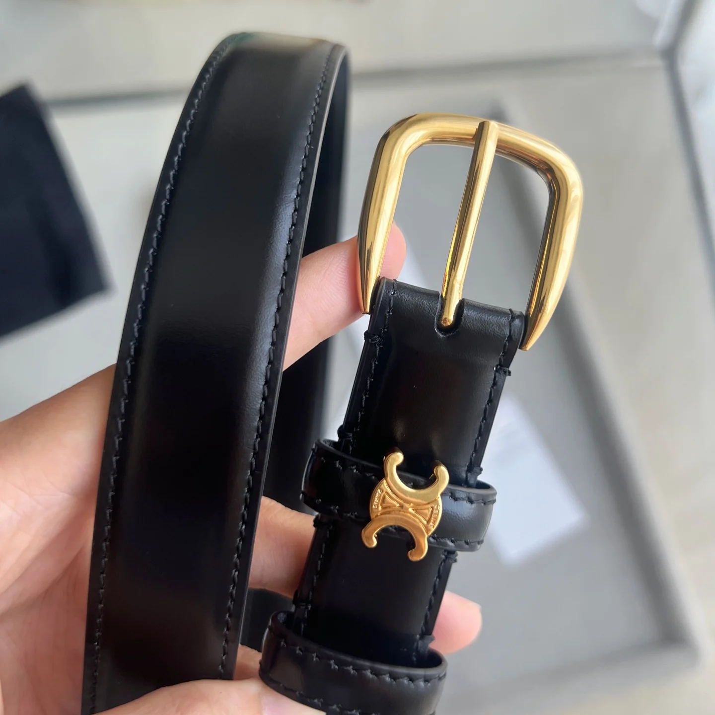 CELINE Belts Calf Leather Black-Gold 1cm Width A60202609070243 - Image 7