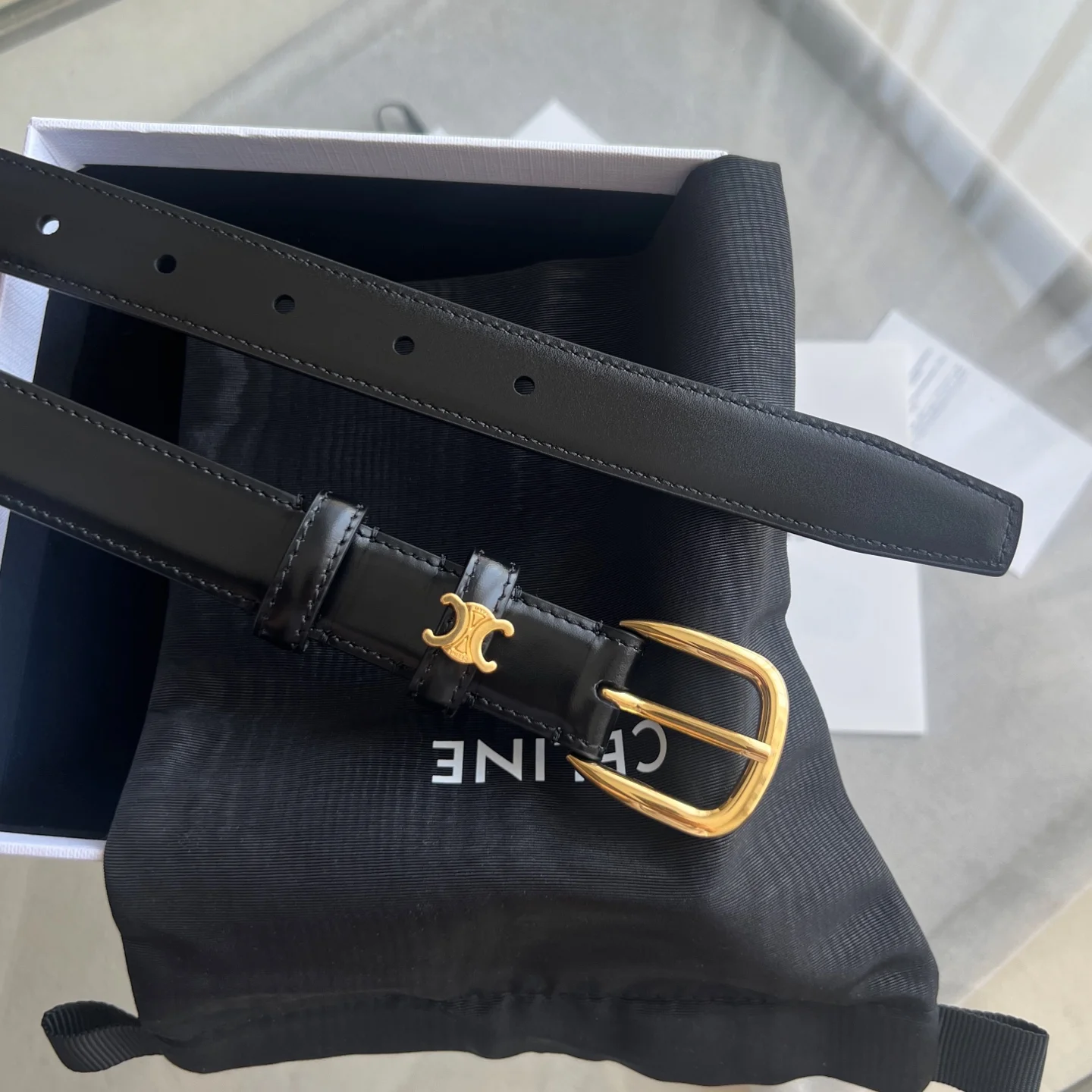 CELINE Belts Calf Leather Black-Gold 1cm Width A60202609070243 - Image 8