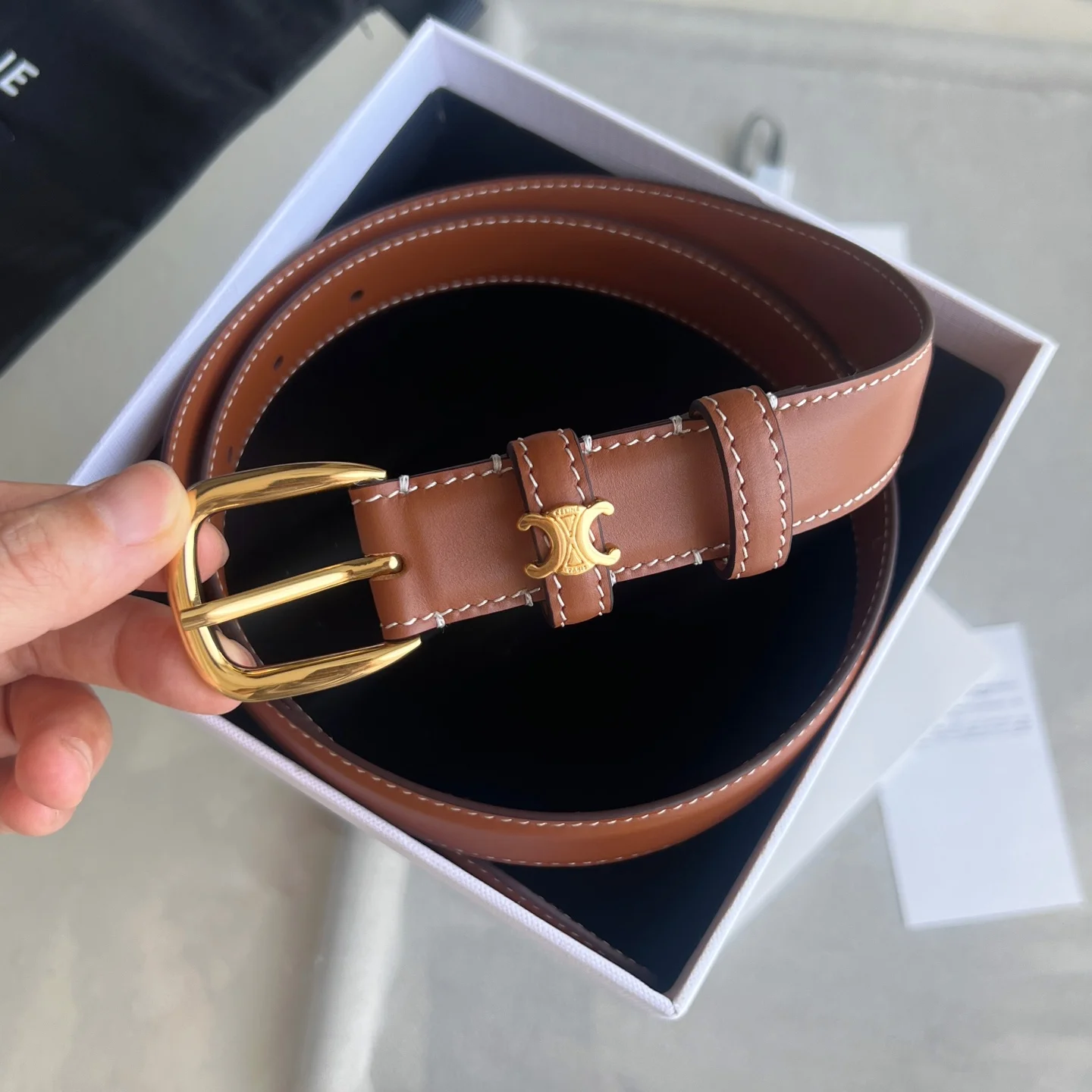 CELINE Belts Calf Leather Brown-Gold 1cm Width A60202609070242