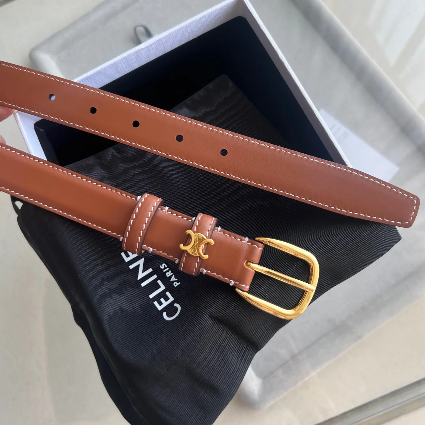 CELINE Belts Calf Leather Brown-Gold 1cm Width A60202609070242 - Image 10