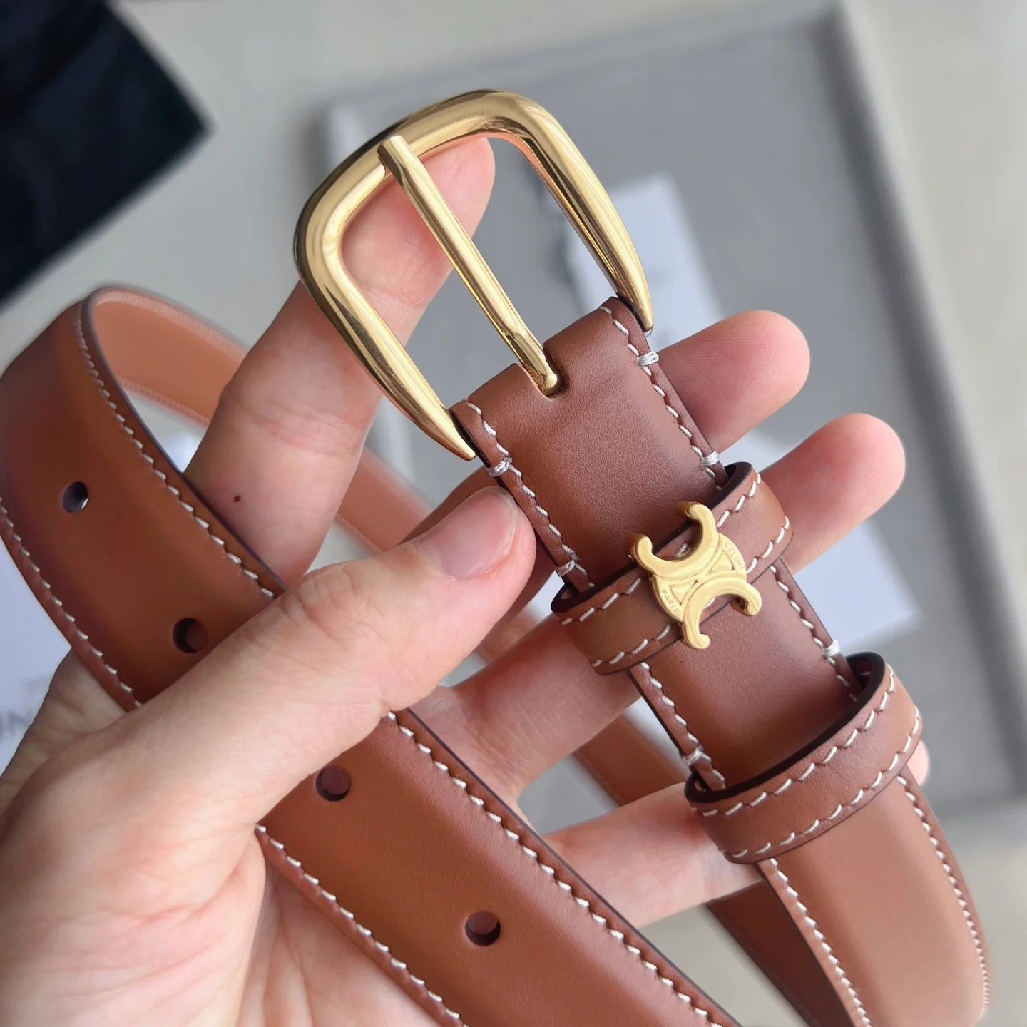 CELINE Belts Calf Leather Brown-Gold 1cm Width A60202609070242 - Image 2