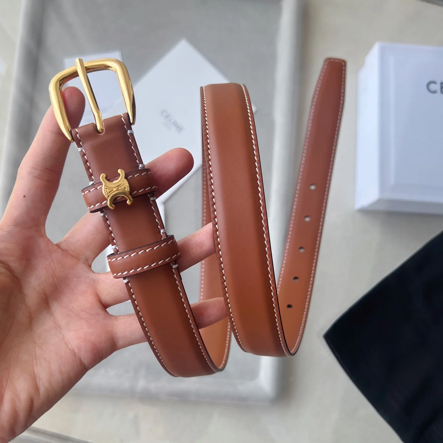 CELINE Belts Calf Leather Brown-Gold 1cm Width A60202609070242 - Image 3