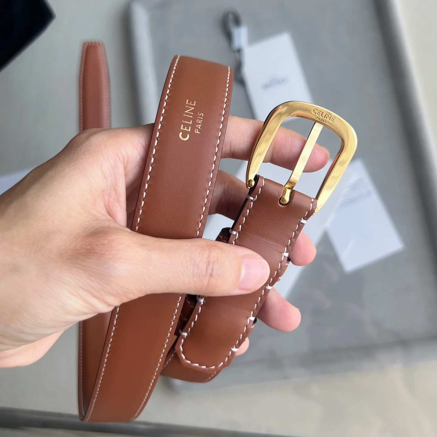 CELINE Belts Calf Leather Brown-Gold 1cm Width A60202609070242 - Image 9