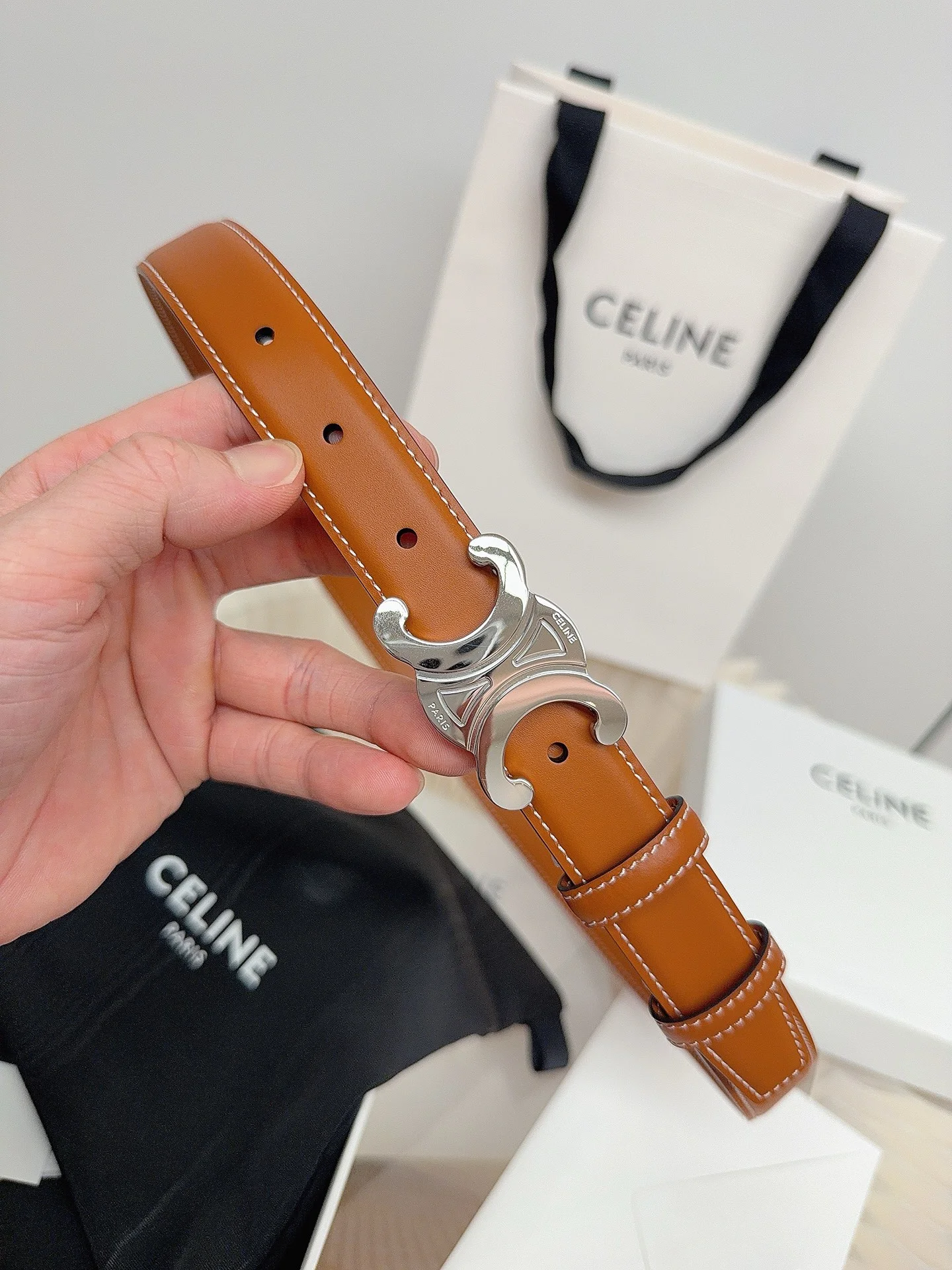 CELINE Belts Calf Leather Brown-Silver 1cm Width A60202609070055 - Image 2