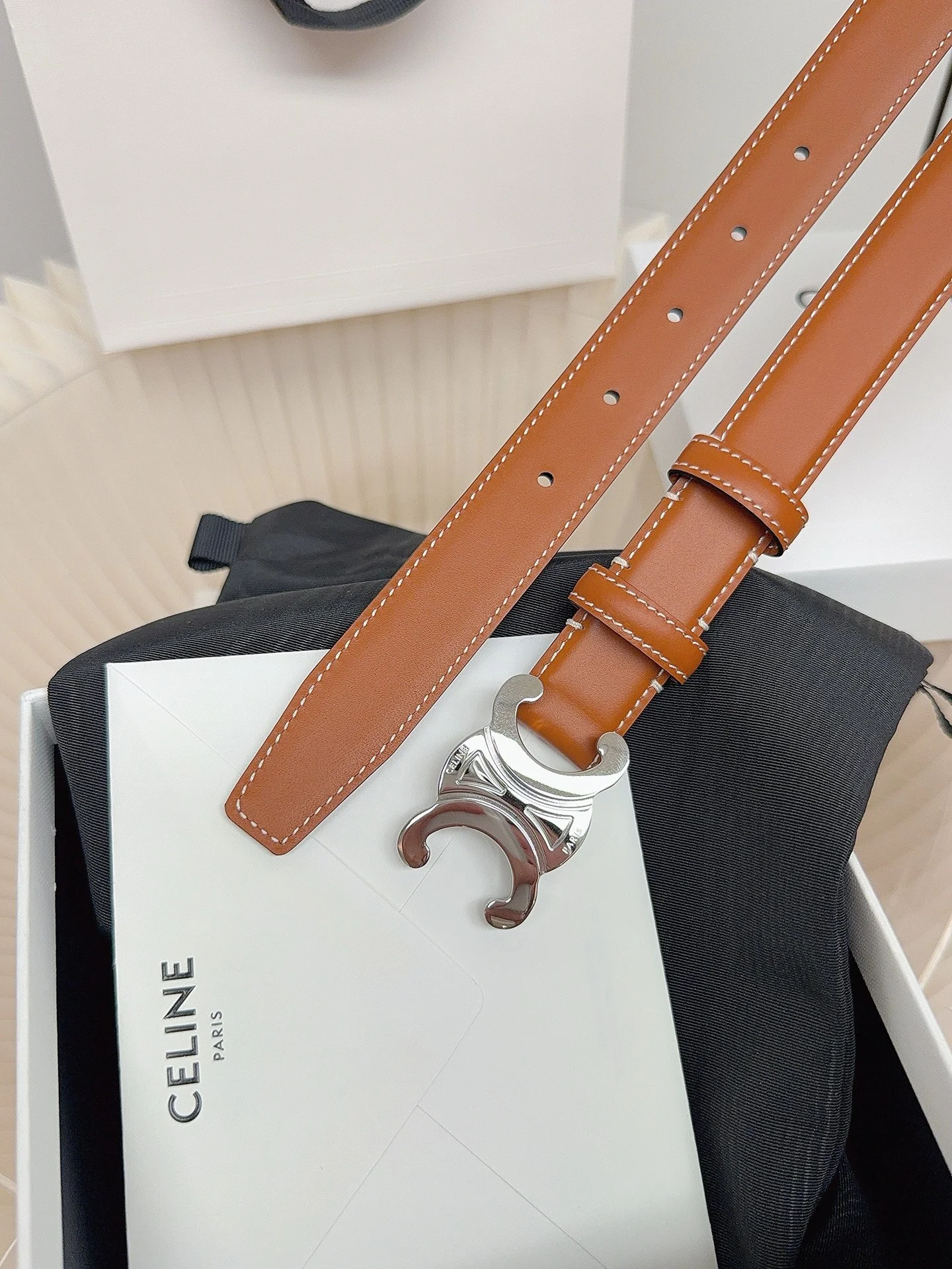 CELINE Belts Calf Leather Brown-Silver 1cm Width A60202609070055 - Image 3