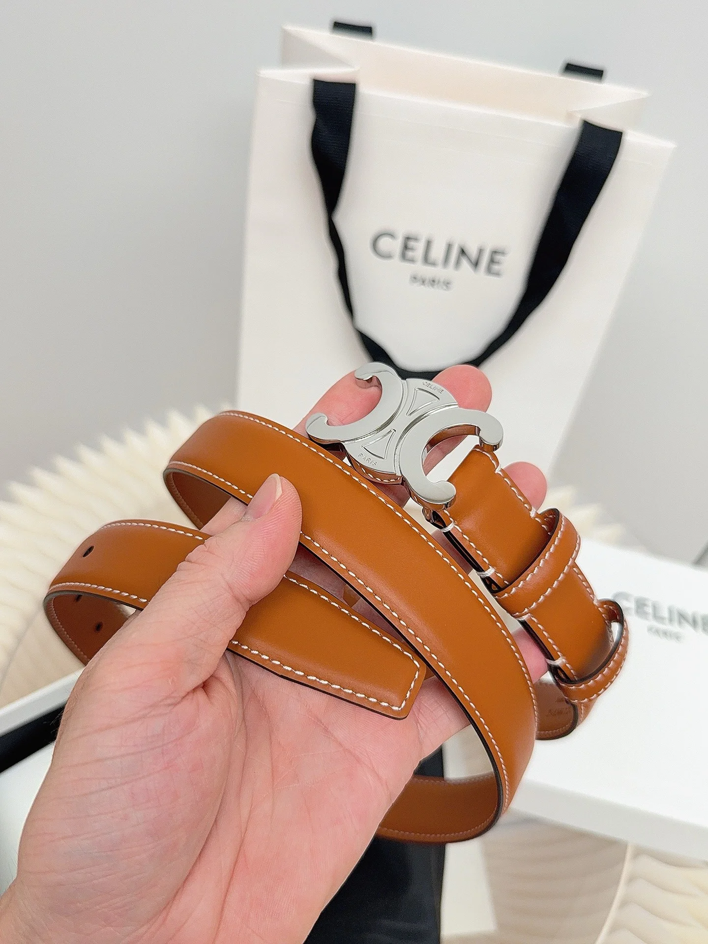 CELINE Belts Calf Leather Brown-Silver 1cm Width A60202609070055 - Image 6