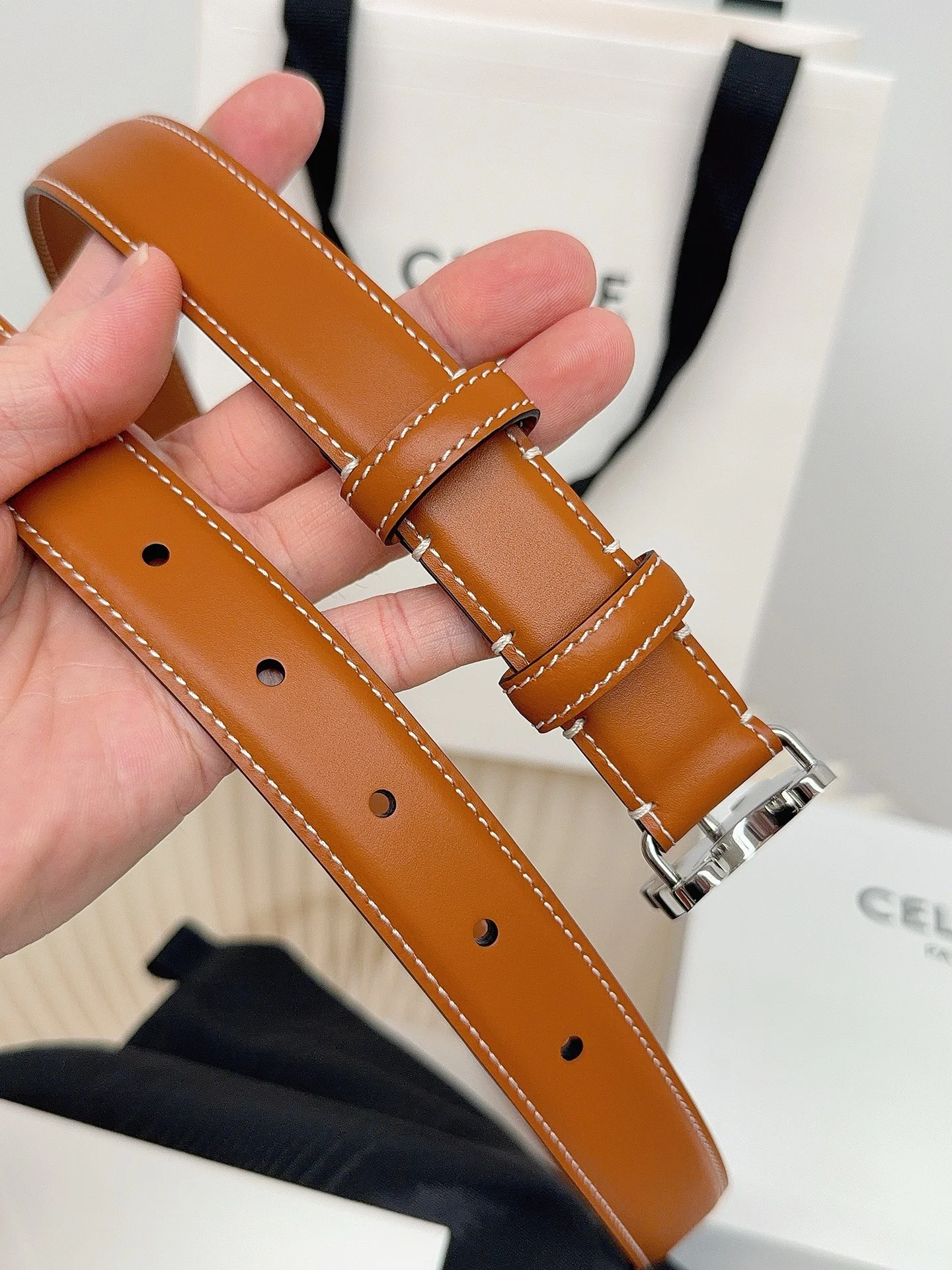 CELINE Belts Calf Leather Brown-Silver 1cm Width A60202609070055 - Image 7