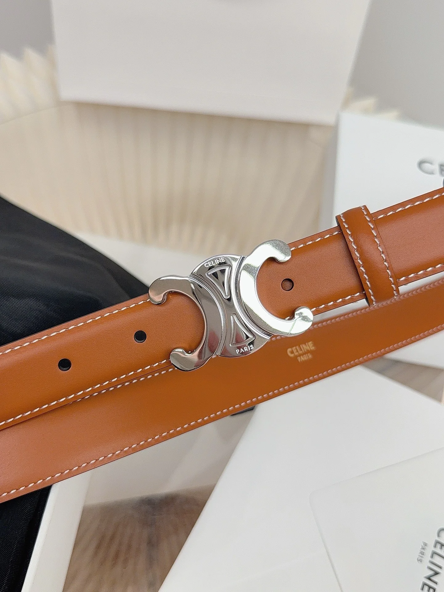 CELINE Belts Calf Leather Brown-Silver 1cm Width A60202609070055 - Image 8
