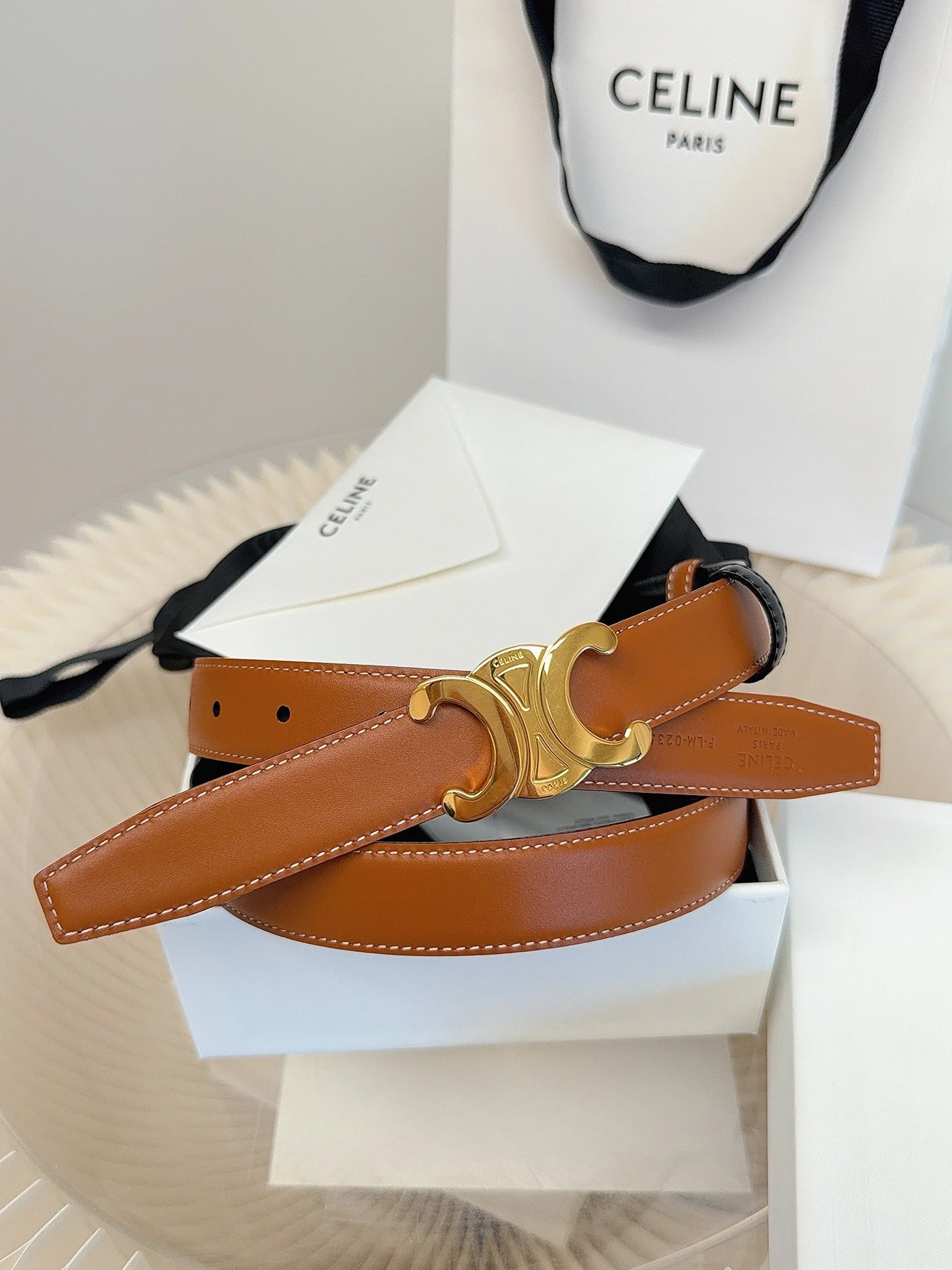 CELINE Belts Taurillon Leather Brown-Gold 1cm Width A60202609070052