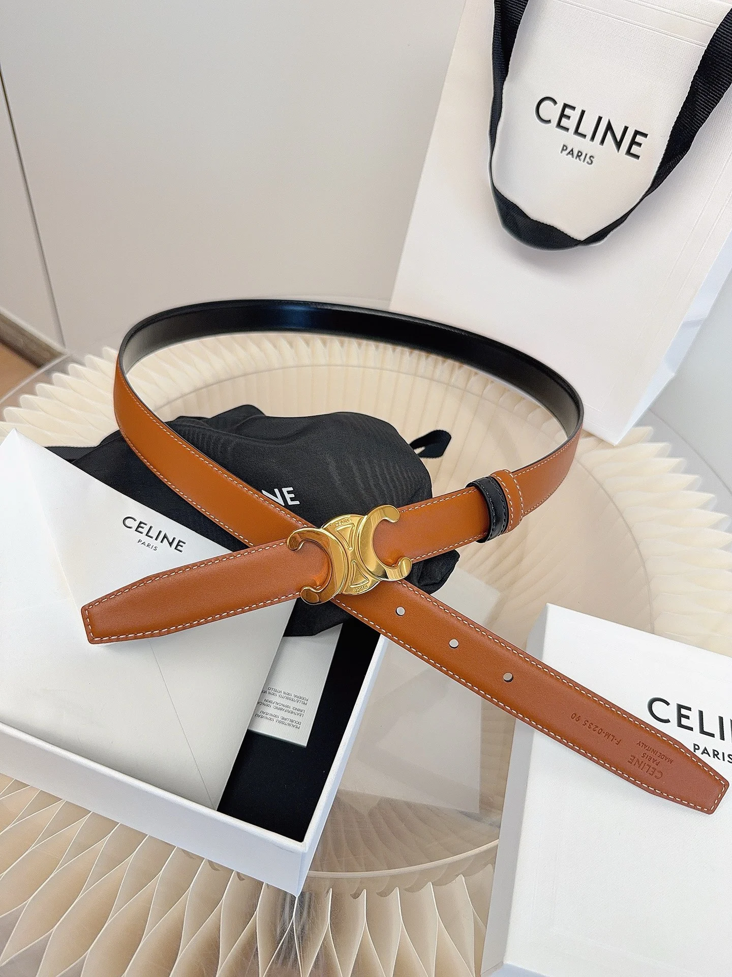 CELINE Belts Taurillon Leather Brown-Gold 1cm Width A60202609070052 - Image 10