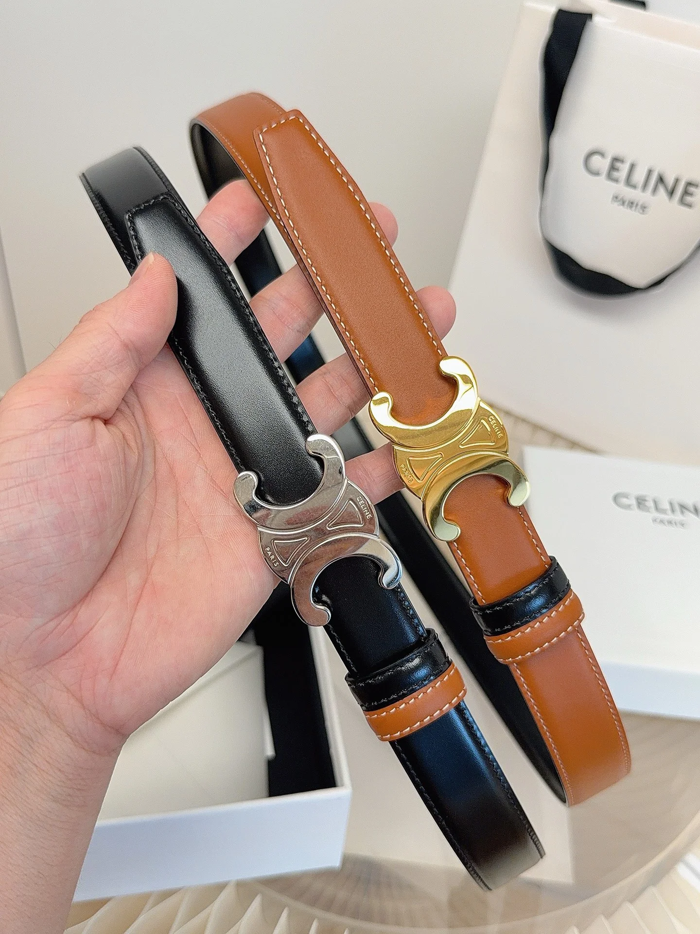 CELINE Belts Taurillon Leather Brown-Gold 1cm Width A60202609070052 - Image 11