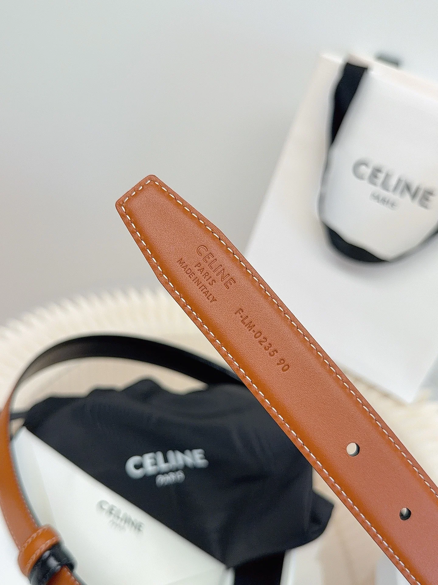 CELINE Belts Taurillon Leather Brown-Gold 1cm Width A60202609070052 - Image 2