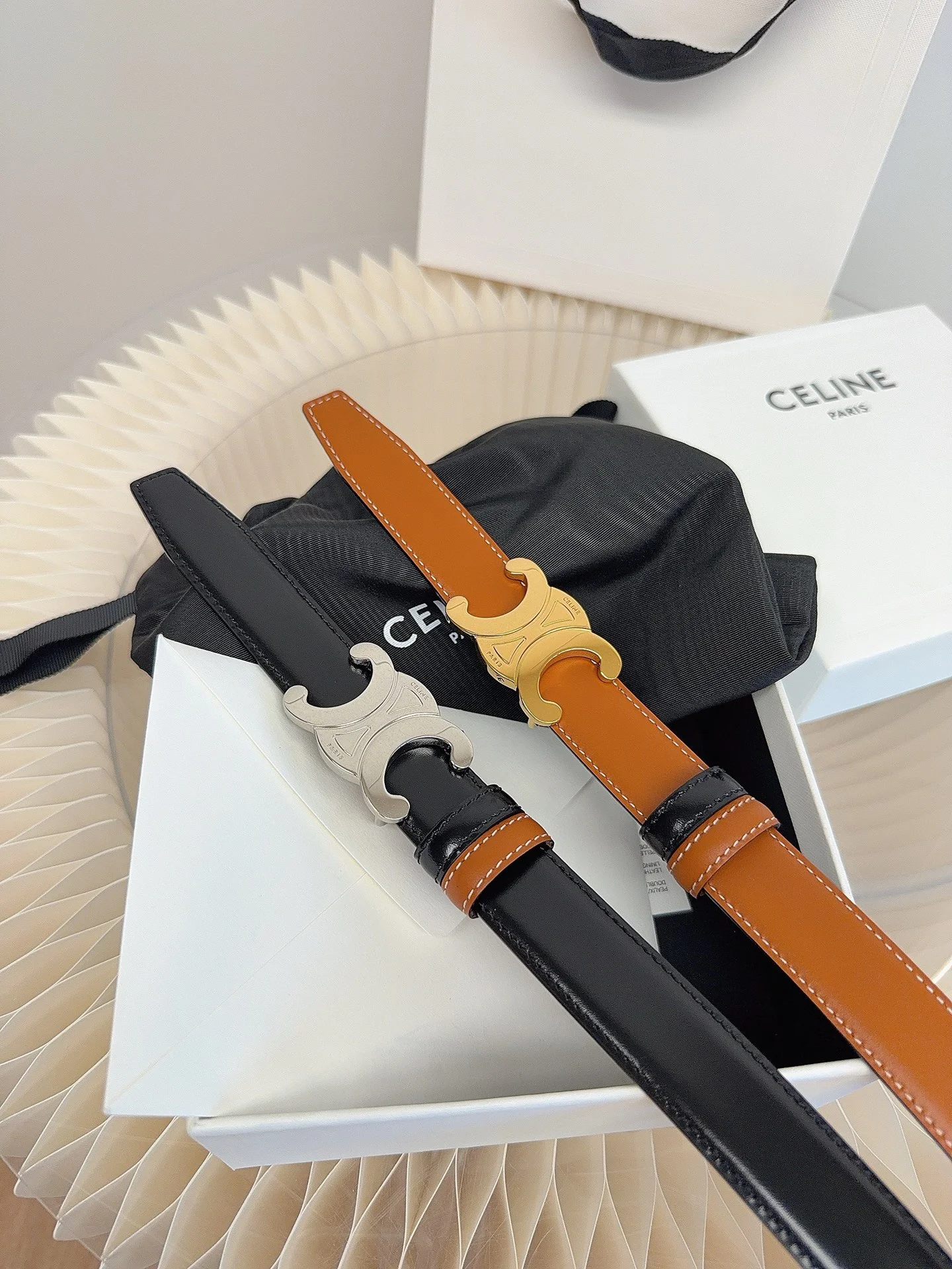 CELINE Belts Taurillon Leather Brown-Gold 1cm Width A60202609070052 - Image 3