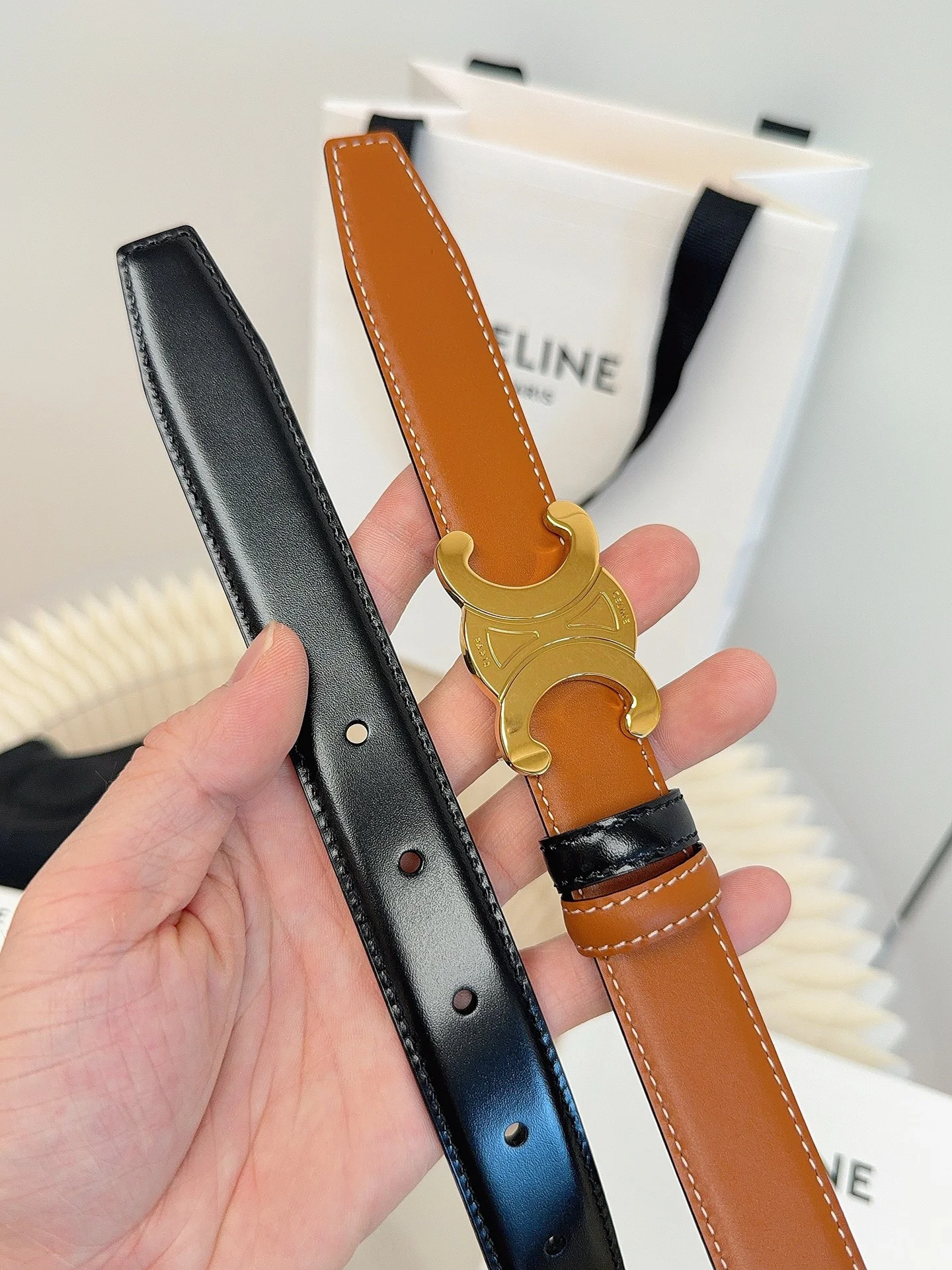 CELINE Belts Taurillon Leather Brown-Gold 1cm Width A60202609070052 - Image 4