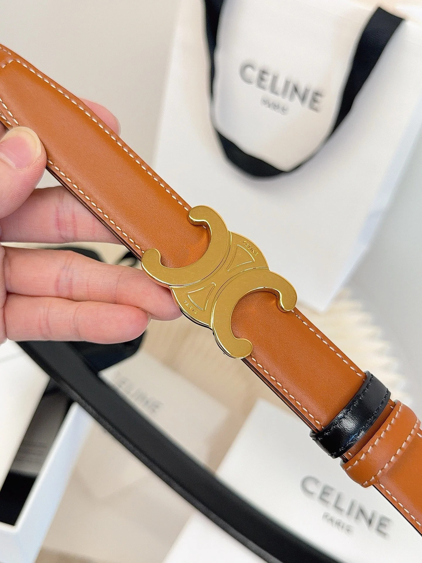 CELINE Belts Taurillon Leather Brown-Gold 1cm Width A60202609070052 - Image 5