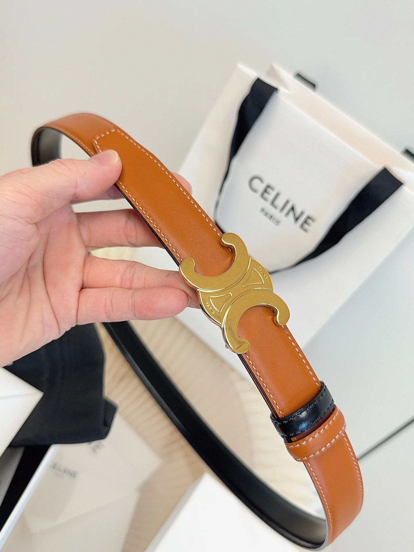 CELINE Belts Taurillon Leather Brown-Gold 1cm Width A60202609070052 - Image 6