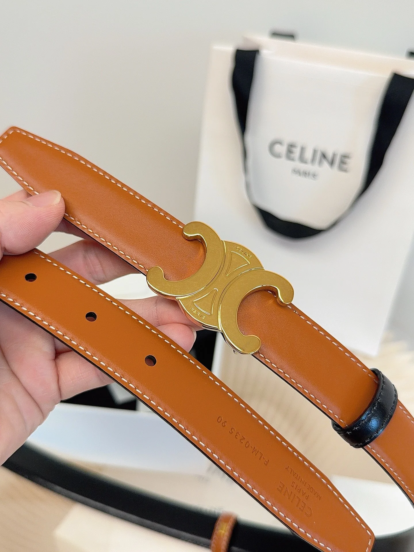 CELINE Belts Taurillon Leather Brown-Gold 1cm Width A60202609070052 - Image 7