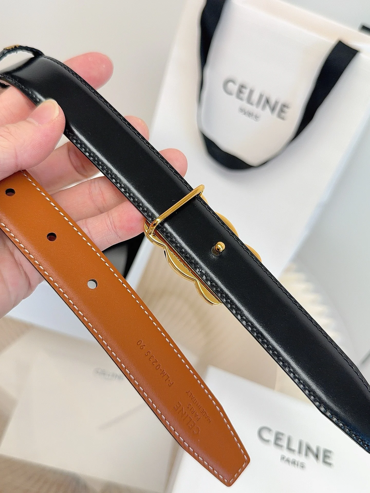 CELINE Belts Taurillon Leather Brown-Gold 1cm Width A60202609070052 - Image 8
