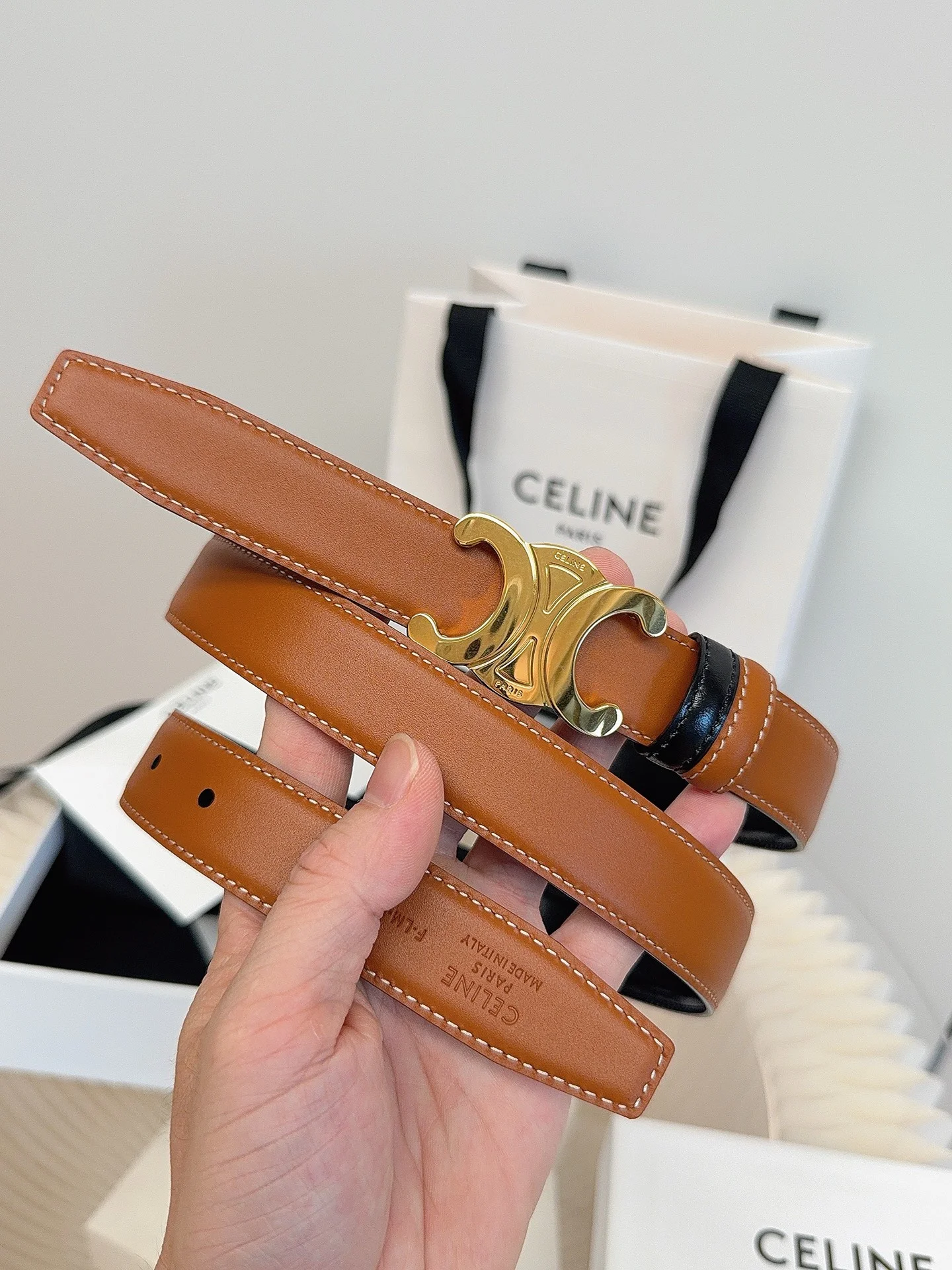 CELINE Belts Taurillon Leather Brown-Gold 1cm Width A60202609070052 - Image 9