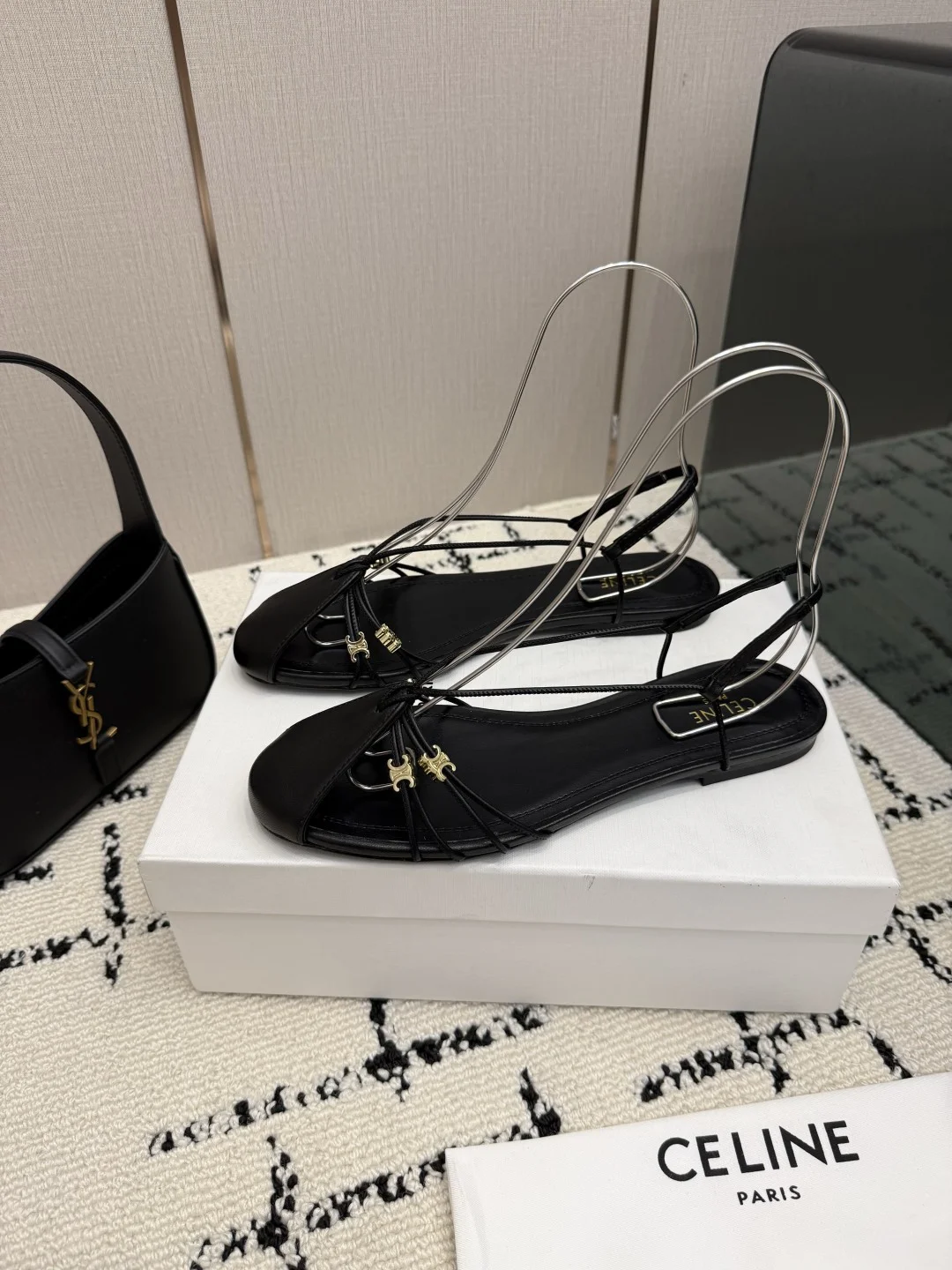 CELINE Sandals Genuine Leather Black-Gold EU35-40 B70202609110290 - Image 4