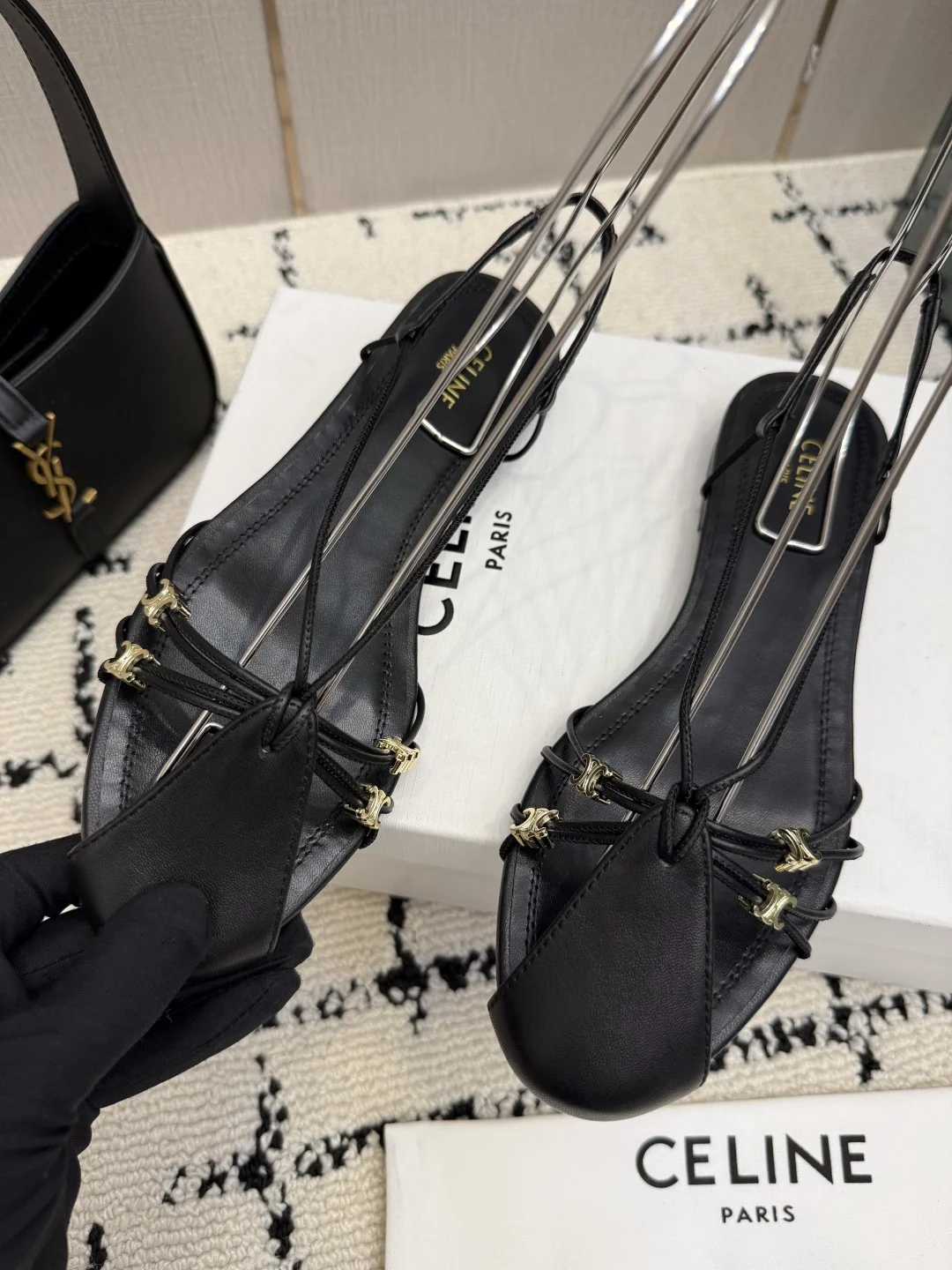 CELINE Sandals Genuine Leather Black-Gold EU35-40 B70202609110290 - Image 6