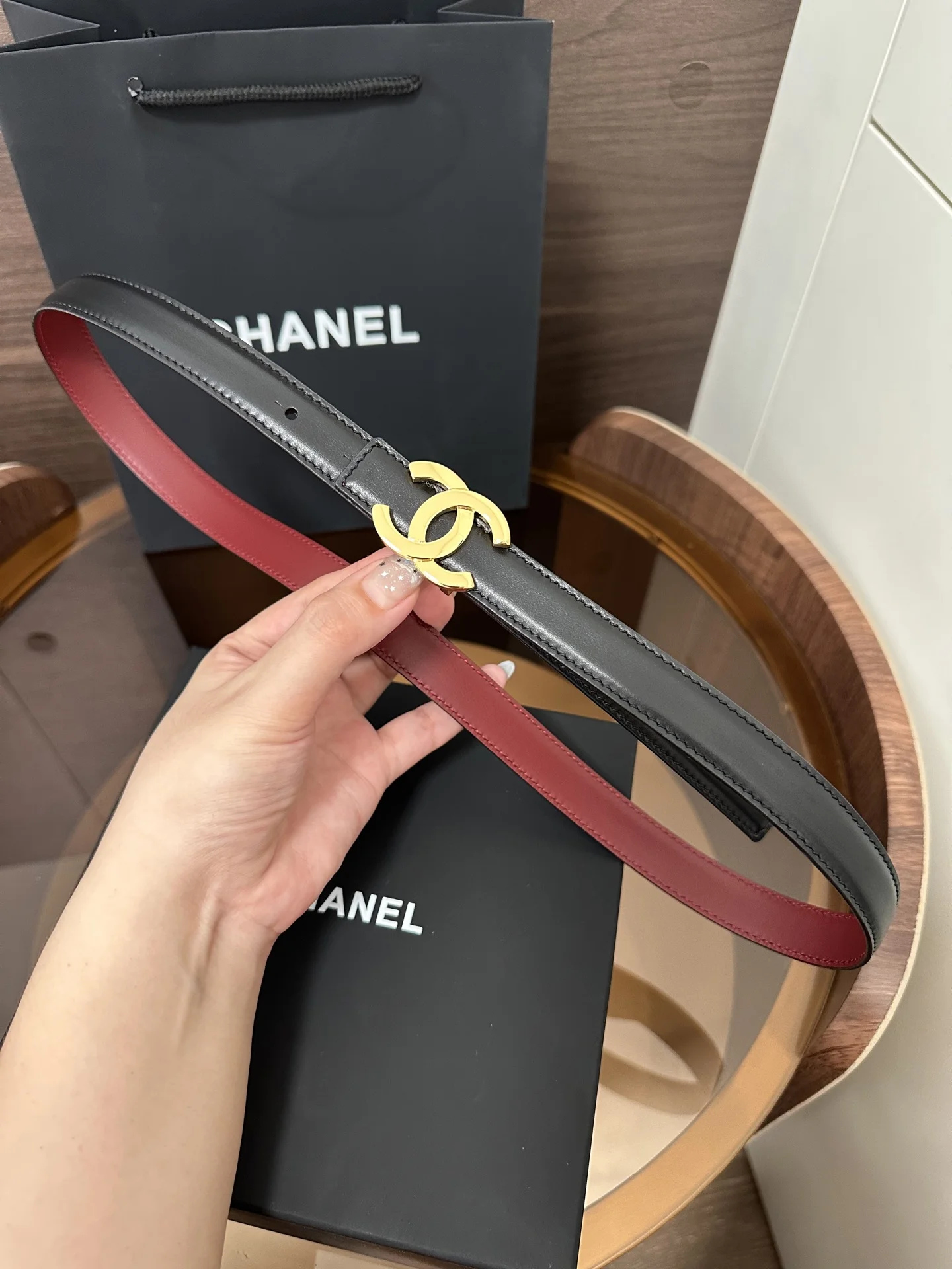 CHANEL Belts Black-Burgundy 2cm Width A60202609070221