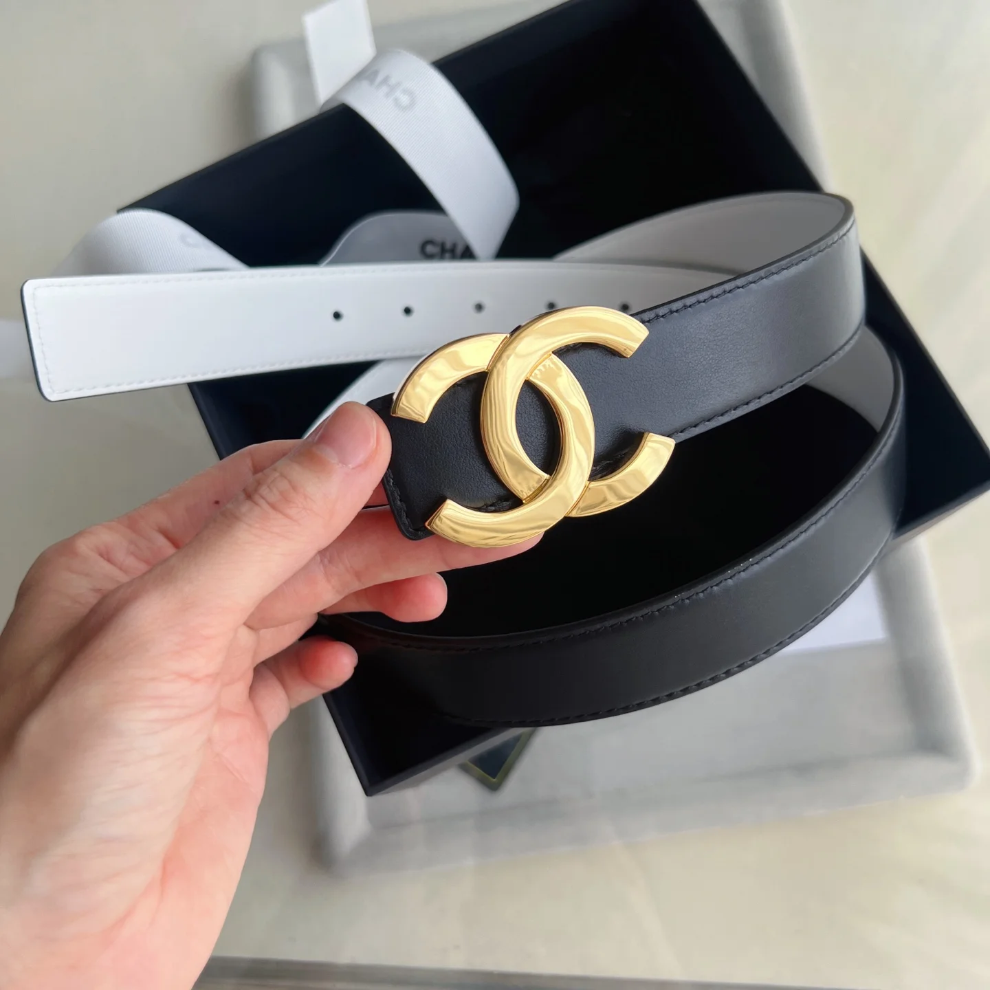 CHANEL Belts Black-White-Gold 30mm Width A60202609070468