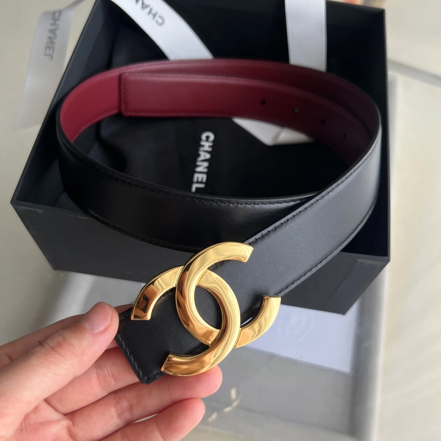 CHANEL Belts Calf Leather Black-Gold-Red 30mm Width A60202609070467