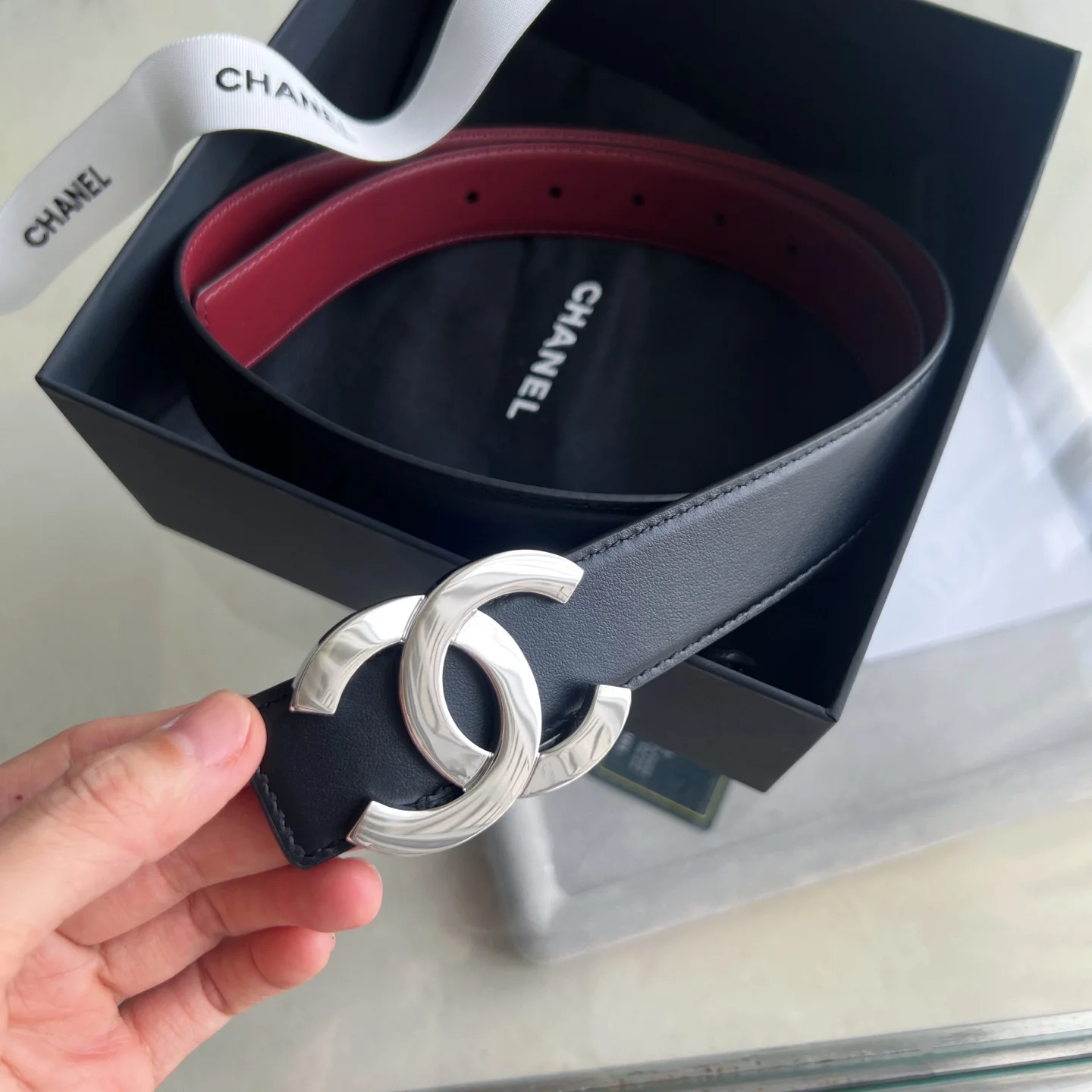 CHANEL Belts Calf Leather Black-Silver 30mm Width A60202609070466