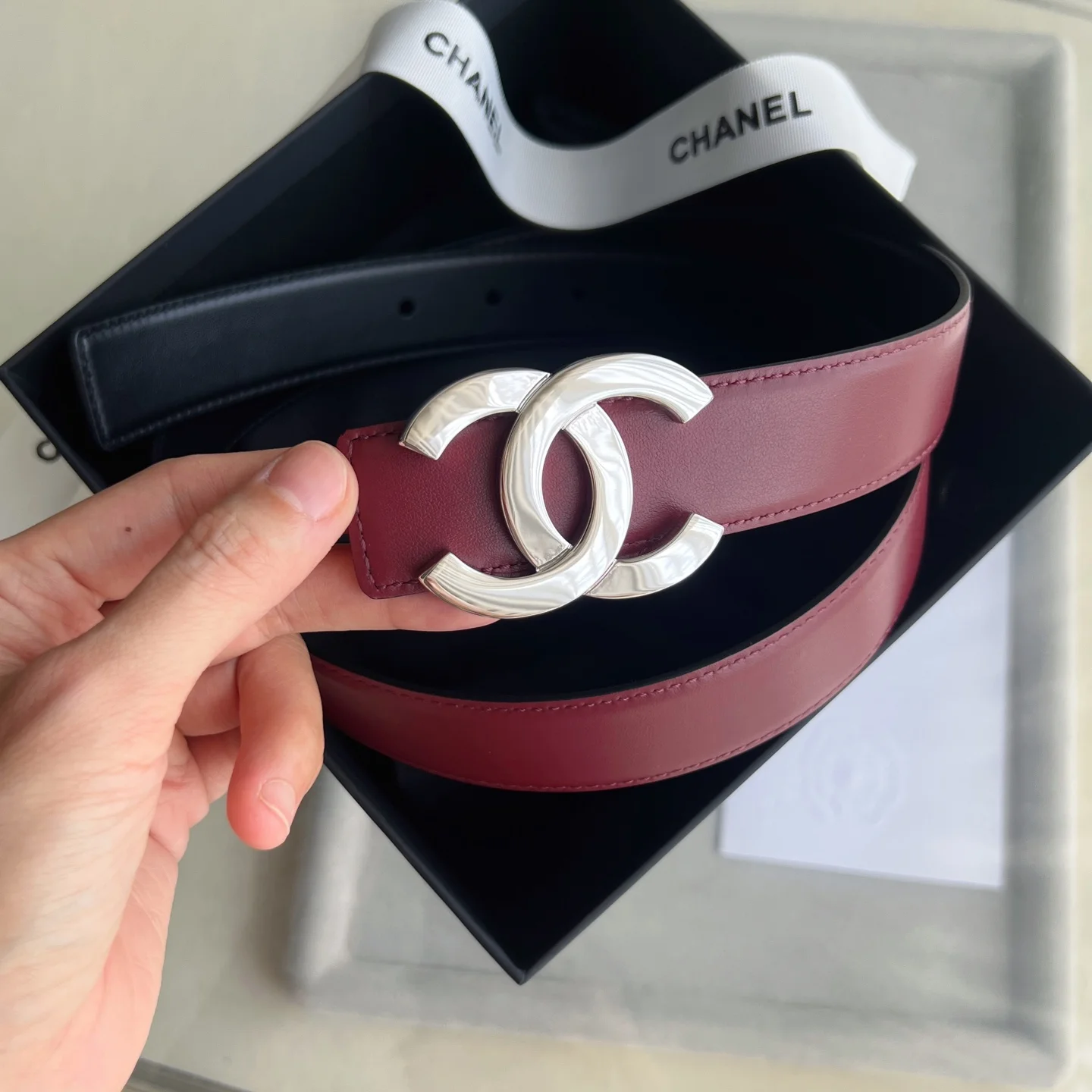CHANEL Belts Calf Leather Black-Silver 30mm Width A60202609070466 - Image 3