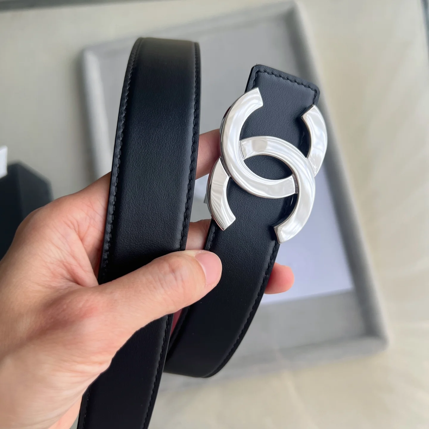 CHANEL Belts Calf Leather Black-Silver 30mm Width A60202609070466 - Image 5