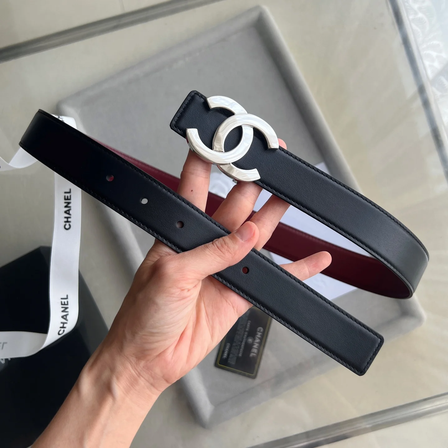 CHANEL Belts Calf Leather Black-Silver 30mm Width A60202609070466 - Image 6