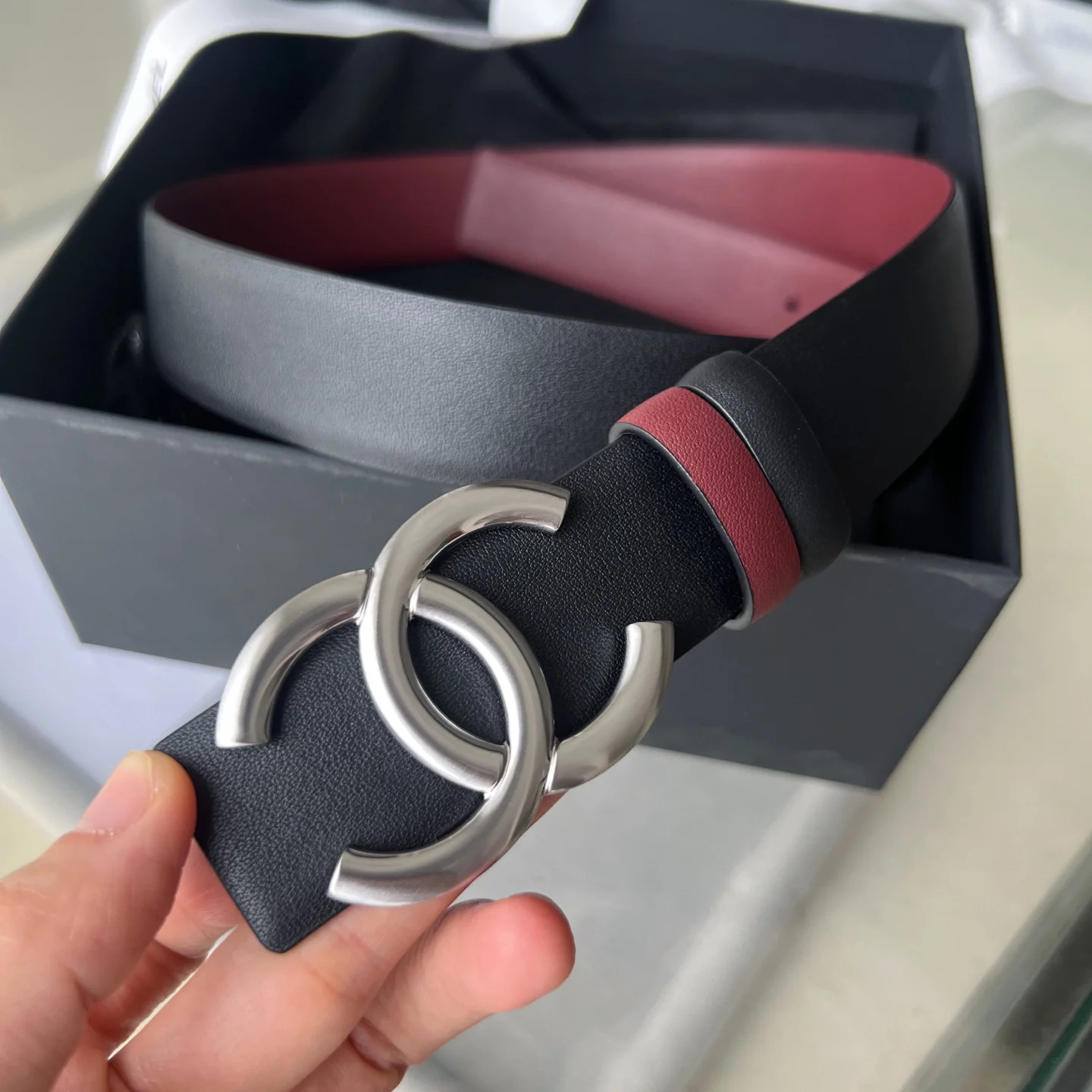 CHANEL Belts Calf Leather Black-Silver-Red 30mm Width A60202609070353
