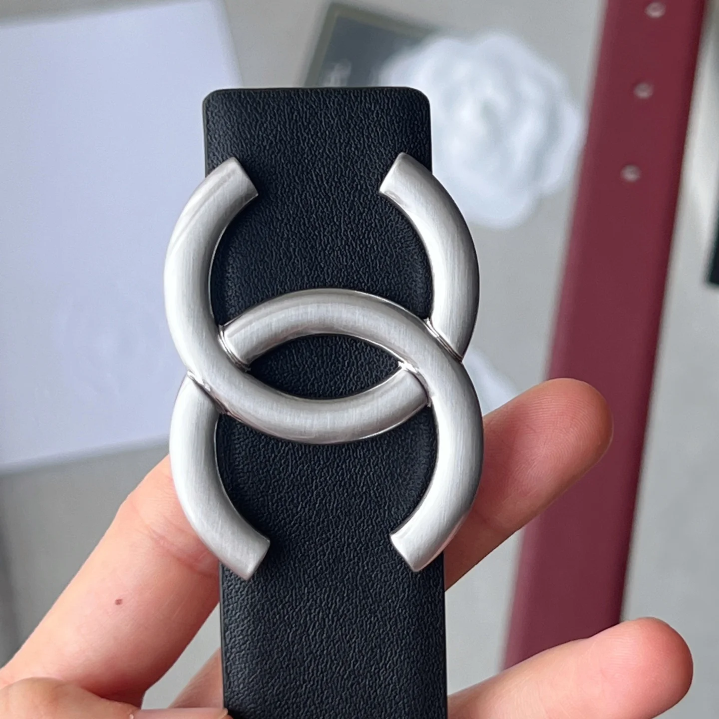CHANEL Belts Calf Leather Black-Silver-Red 30mm Width A60202609070353 - Image 3