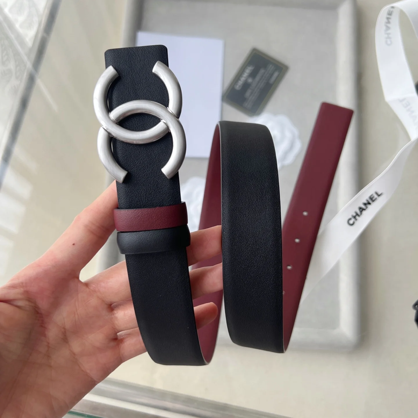 CHANEL Belts Calf Leather Black-Silver-Red 30mm Width A60202609070353 - Image 4